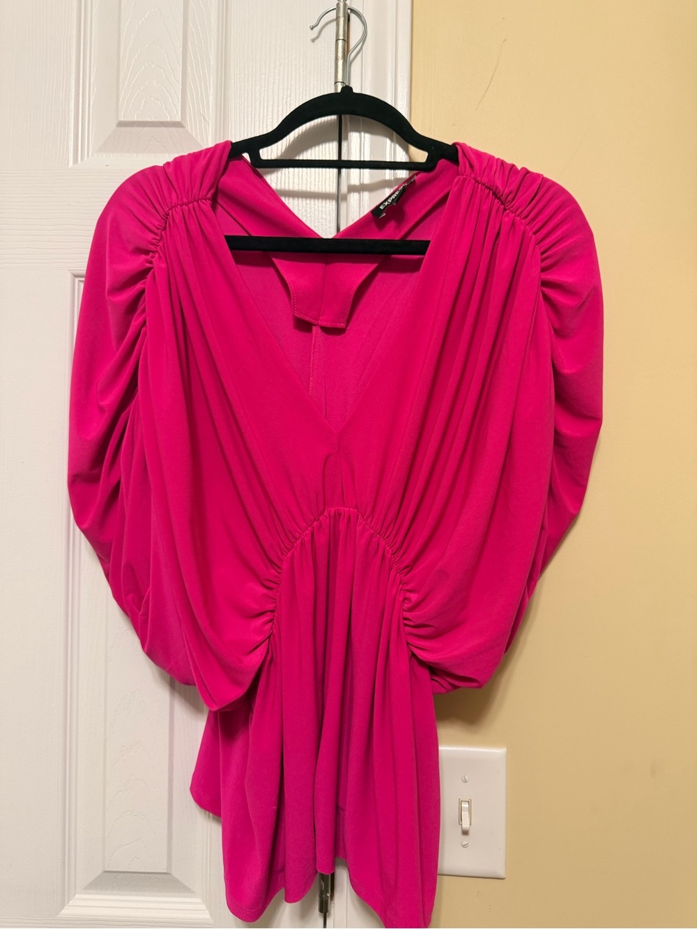 Express Fuchsia V-Neck Ruched Sleeve Blouse